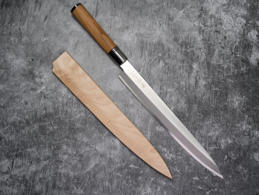 Couteau à sashimi Noseto Yanagiba 270 mm en acier forgé avec bois d'olivier naturel