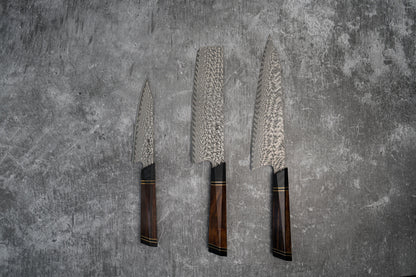 Ensemble de couteaux Noseto 110 couches (Gyuto, Nakiri, Petty) Damas Super Steel North America Manche en bois de fer avec Saya magnétique