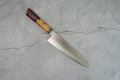 Couteau à lame Noseto Red Hammered VG-10 67 couches 210 mm Manche en résine de Damas Bois