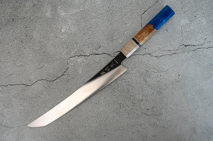 Couteau de chasse Noseto marron/bleu à haute teneur en carbone 240 mm Sakimaru Sujihiki manche en résine bois octogonal