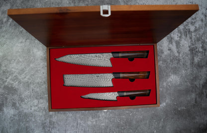 Ensemble de couteaux Noseto 110 couches (Gyuto, Nakiri, Petty) Damas Super Steel North America Manche en bois de fer avec Saya magnétique