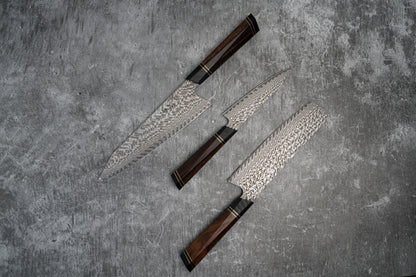 Ensemble de couteaux Noseto 110 couches (Gyuto, Nakiri, Petty) Damas Super Steel North America Manche en bois de fer avec Saya magnétique