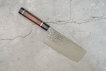 Noseto Suki Tall Nakiri Cleaver 67 couches martelé Damas Desert Iron Wood Handle