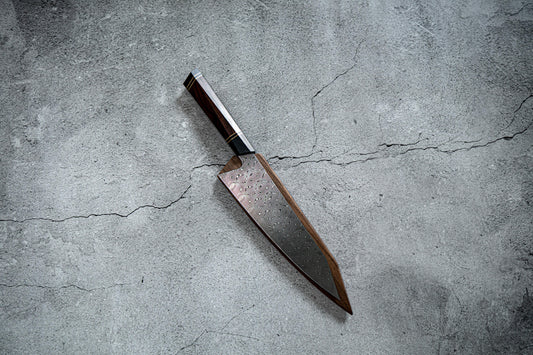 Couteau Kiritsuke Gyuto en acier Damas 110 couches, manche en bois de fer d'Amérique du Nord avec Saya magnétique
