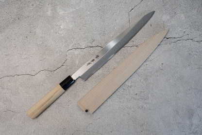 Couteau japonais Yanagiba en acier blanc Sakai Takayuki Kasumitogi, manche en magnolia