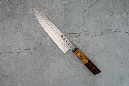 Couteau à lame Noseto Red Hammered VG-10 67 couches 210 mm Manche en résine de Damas Bois
