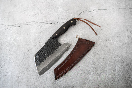 Couperet Bunka de style serbe Damas robuste 180 mm avec fourreau