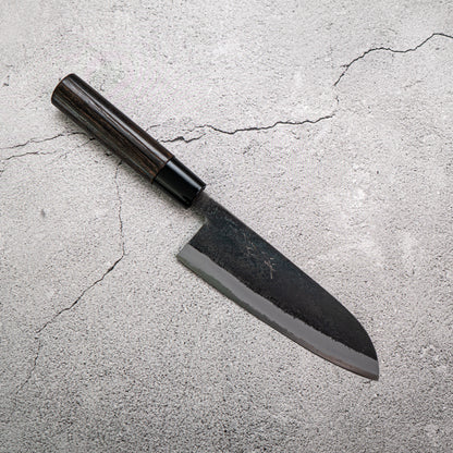 Seisuke Santoku 165mm White Steel Kurouchi Japanese Knife Burned Chestnuts Handle