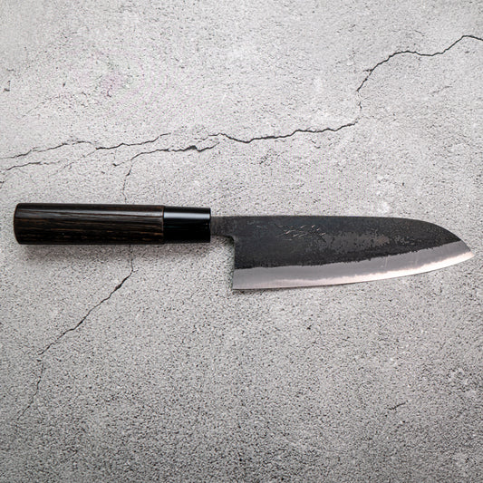 Seisuke Santoku 165mm White Steel Kurouchi Japanese Knife Burned Chestnuts Handle