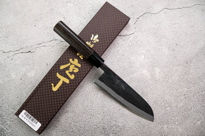 Seisuke Santoku 165mm White Steel Kurouchi Japanese Knife Burned Chestnuts Handle