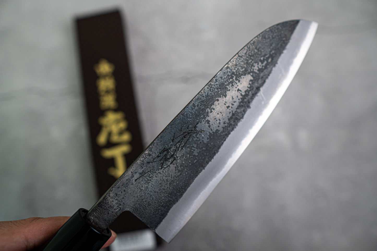 Seisuke Santoku 165mm White Steel Kurouchi Japanese Knife Burned Chestnuts Handle