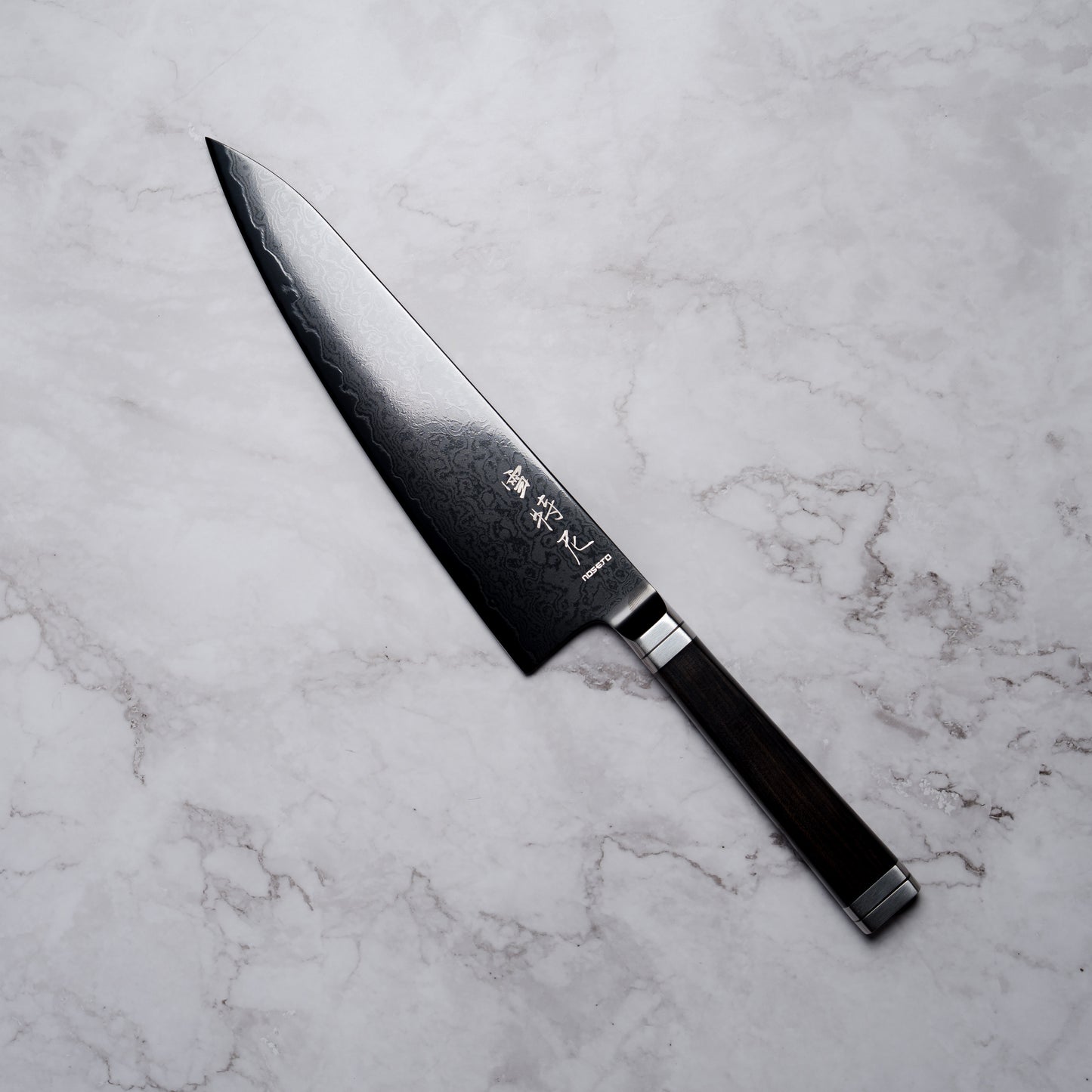 Noseto Buto Gyuto 210mm Aus-8 Black Titanium Damascus Ebony Handle