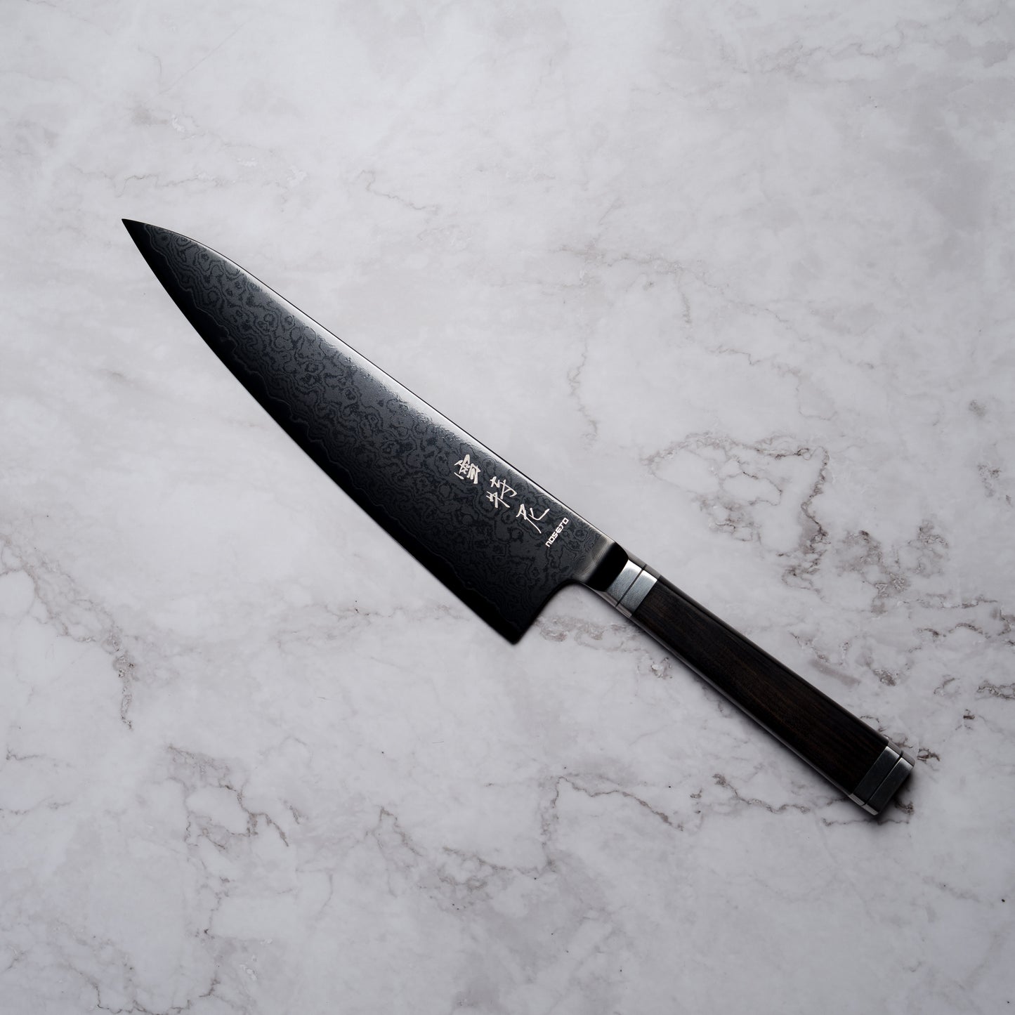 Noseto Buto Gyuto 210mm Aus-8 Black Titanium Damascus Ebony Handle