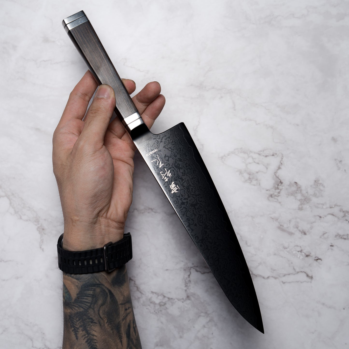 Noseto Buto Gyuto 210mm Aus-8 Black Titanium Damascus Ebony Handle