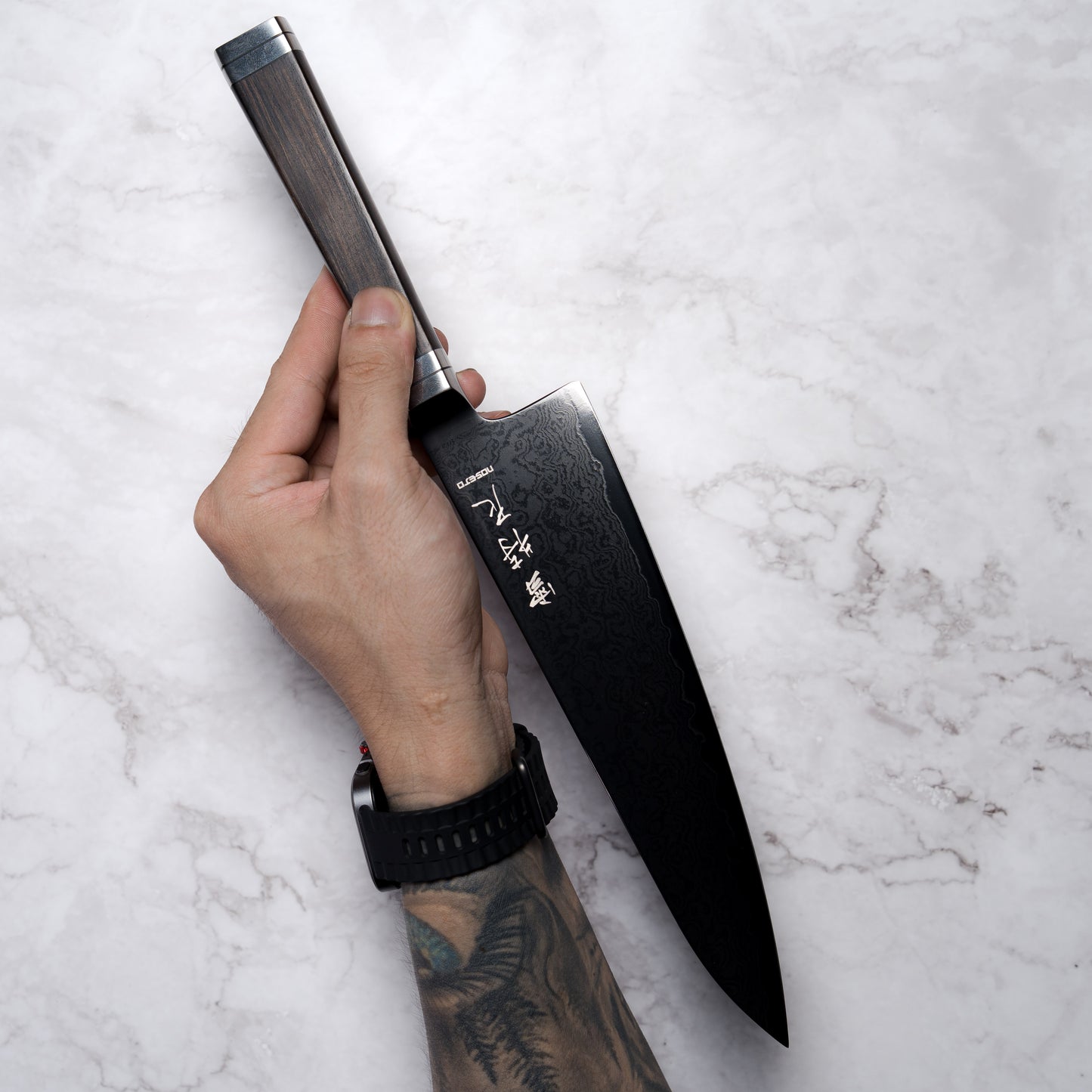Noseto Buto Gyuto 210mm Aus-8 Black Titanium Damascus Ebony Handle