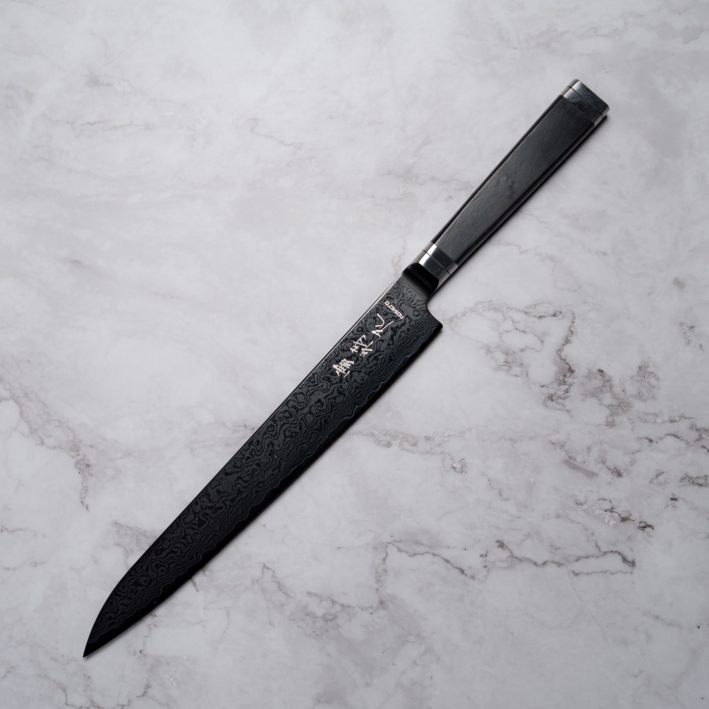 Noseto Buto Sujihiki 240mm Aus-8 Black Titanium Damascus Ebony Handle