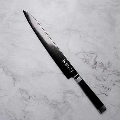 Noseto Buto Sujihiki 240mm Aus-8 Black Titanium Damascus Ebony Handle