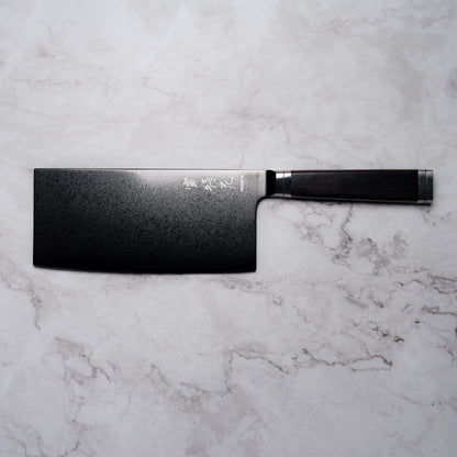 Noseto Buto Cleaver 180mm Aus-8 Black Titanium Damascus Ebony Handle