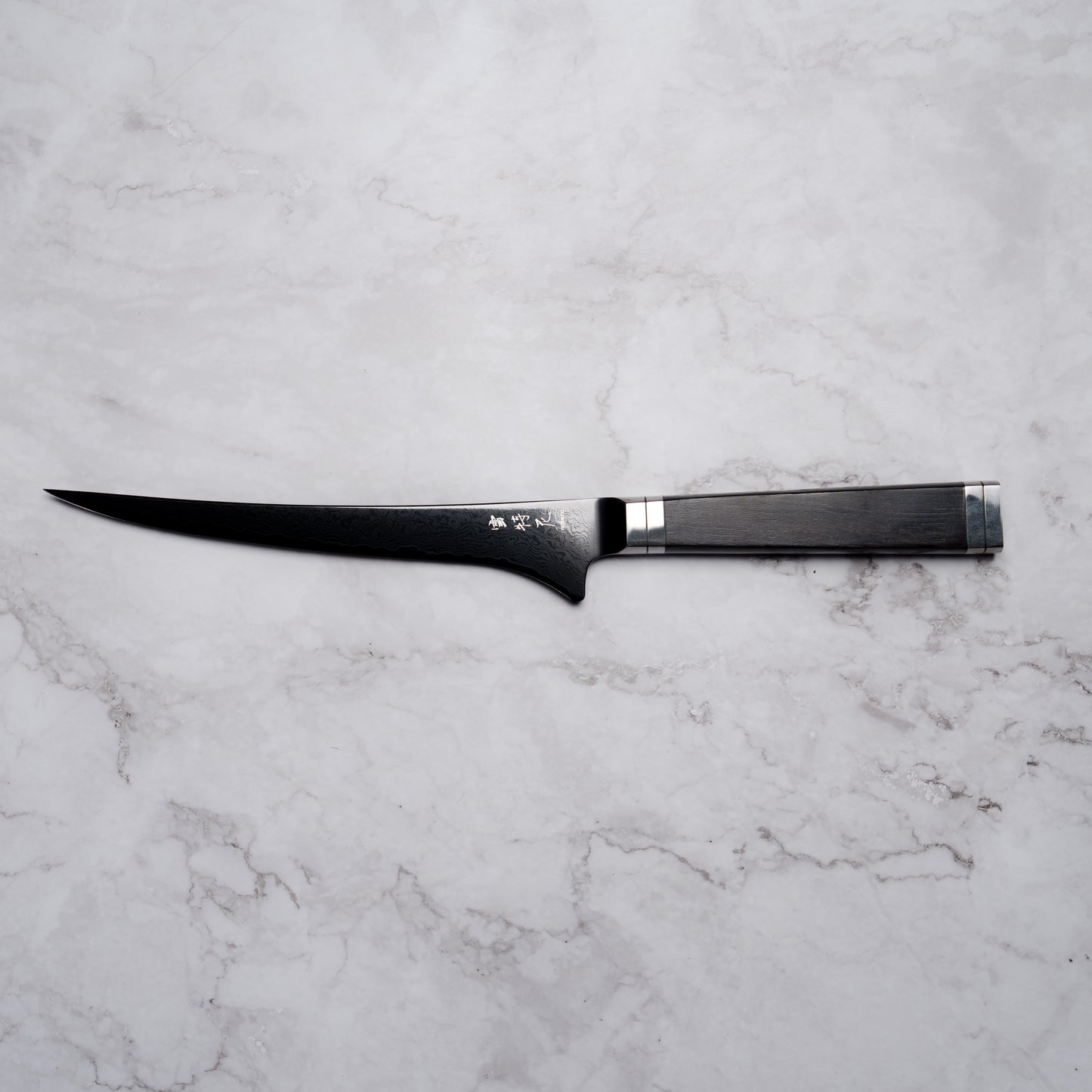 Noseto Buto fillet knife 180mm Aus-8 Black Titanium Damascus Ebony Handle