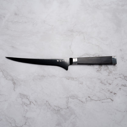 Noseto Buto fillet knife 180mm Aus-8 Black Titanium Damascus Ebony Handle