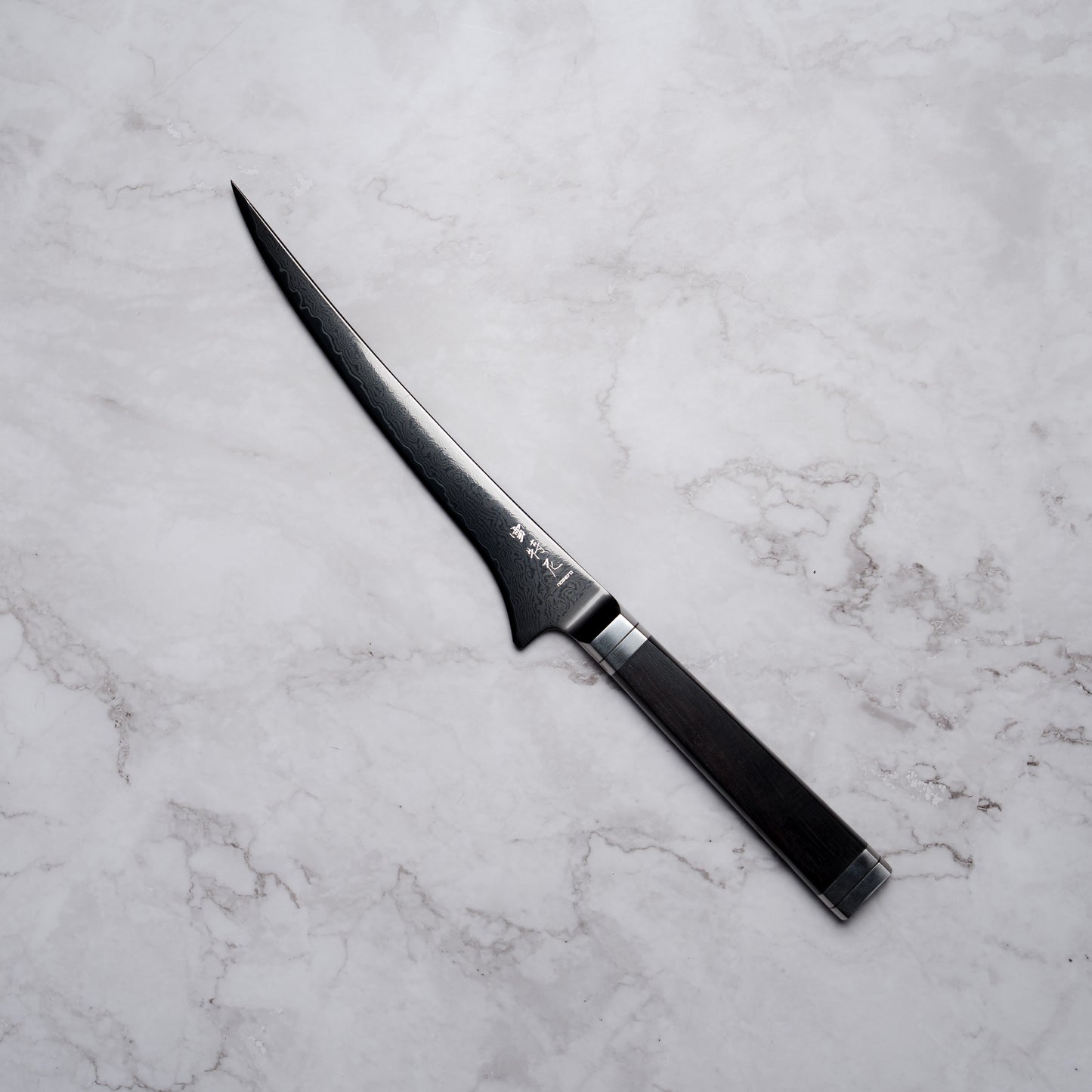 Noseto Buto fillet knife 180mm Aus-8 Black Titanium Damascus Ebony Handle