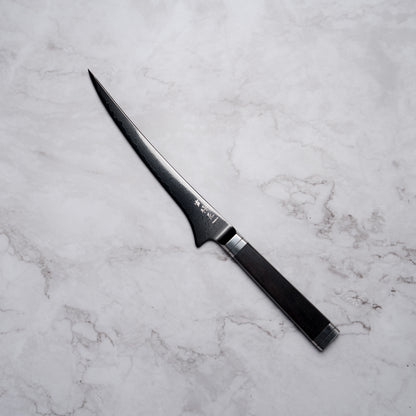 Noseto Buto fillet knife 180mm Aus-8 Black Titanium Damascus Ebony Handle