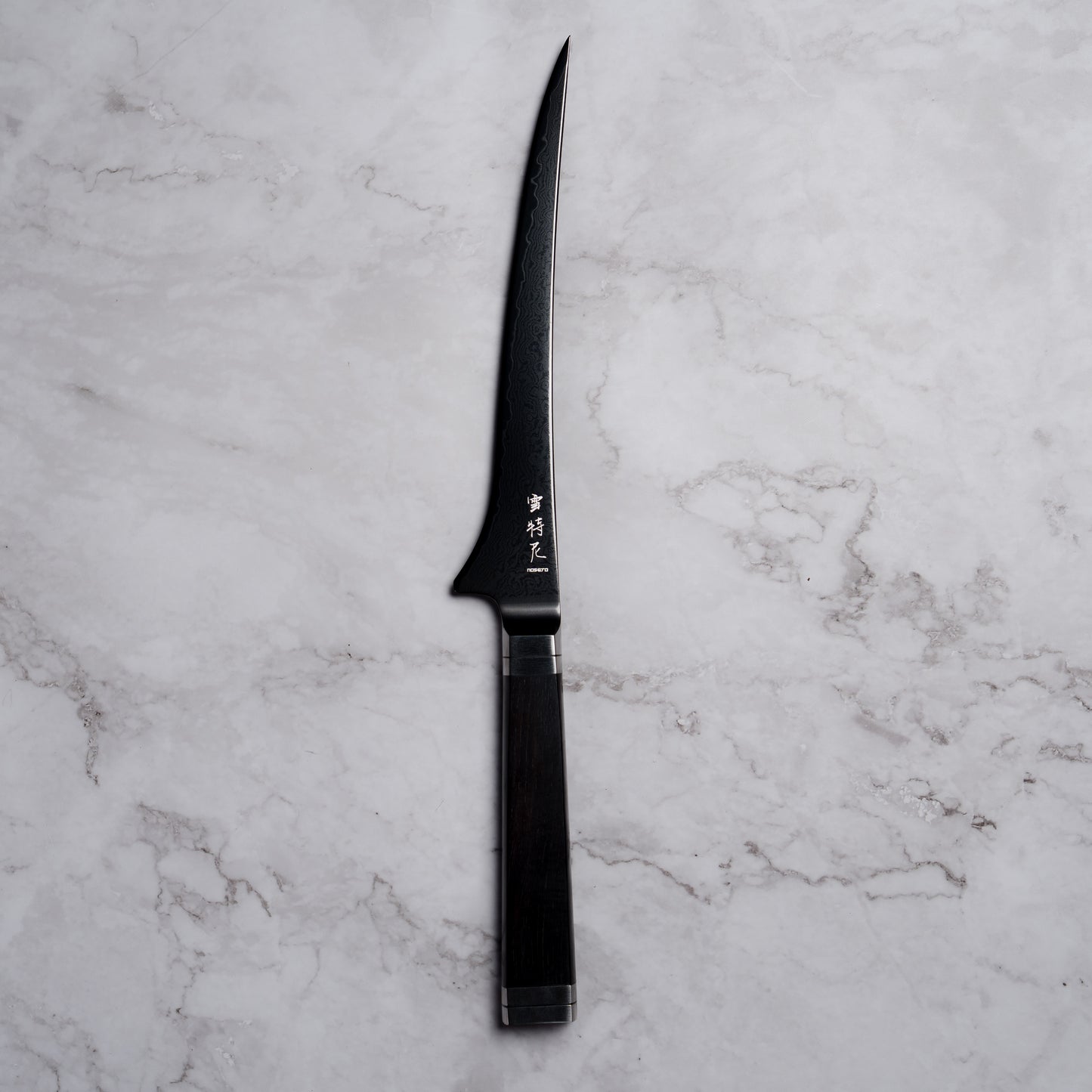 Noseto Buto fillet knife 180mm Aus-8 Black Titanium Damascus Ebony Handle