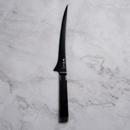 Noseto Buto fillet knife 180mm Aus-8 Black Titanium Damascus Ebony Handle