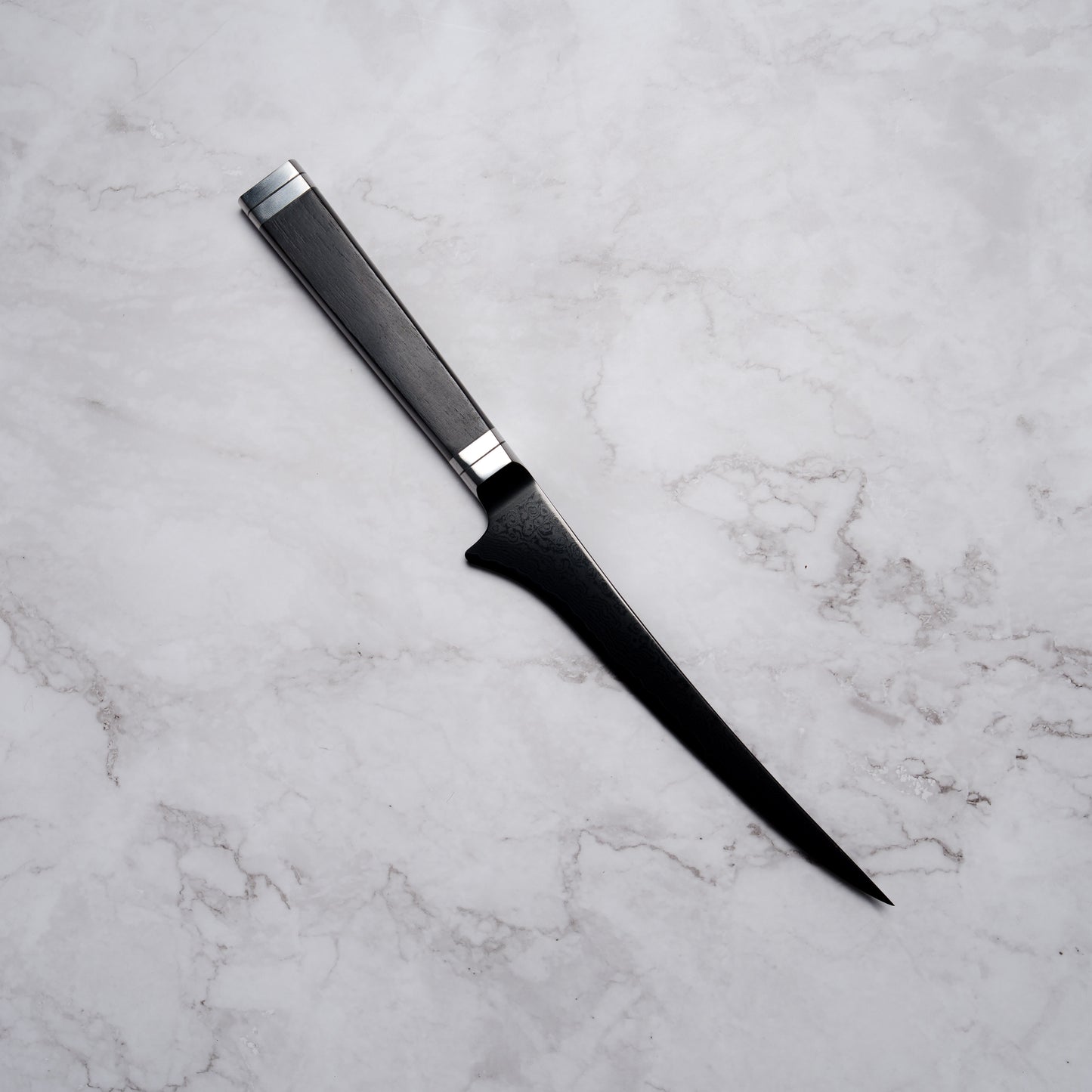 Noseto Buto fillet knife 180mm Aus-8 Black Titanium Damascus Ebony Handle
