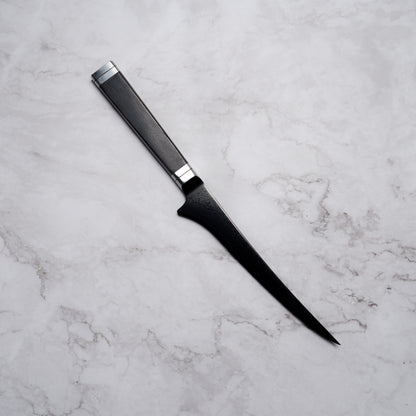 Noseto Buto fillet knife 180mm Aus-8 Black Titanium Damascus Ebony Handle