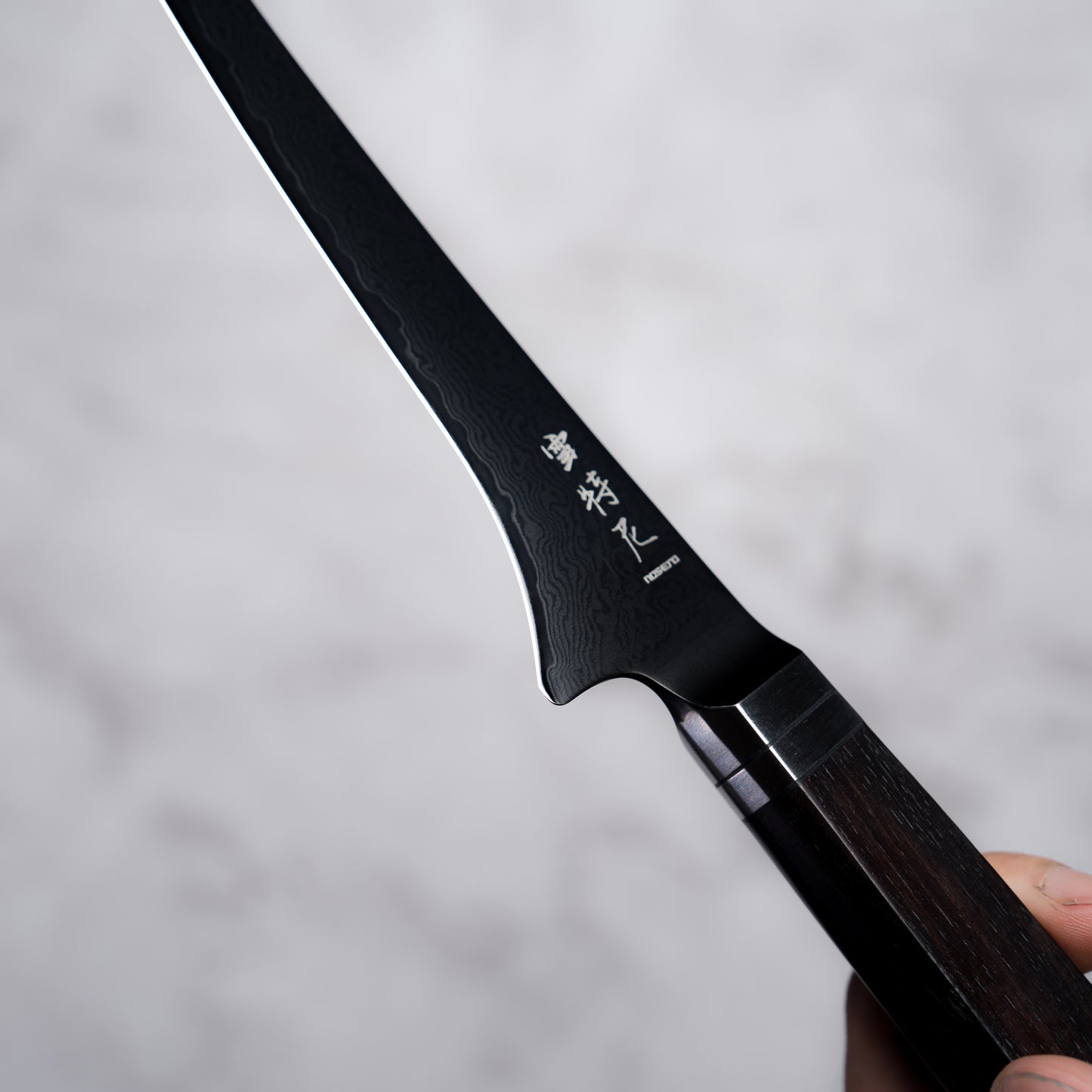 Noseto Buto fillet knife 180mm Aus-8 Black Titanium Damascus Ebony Handle