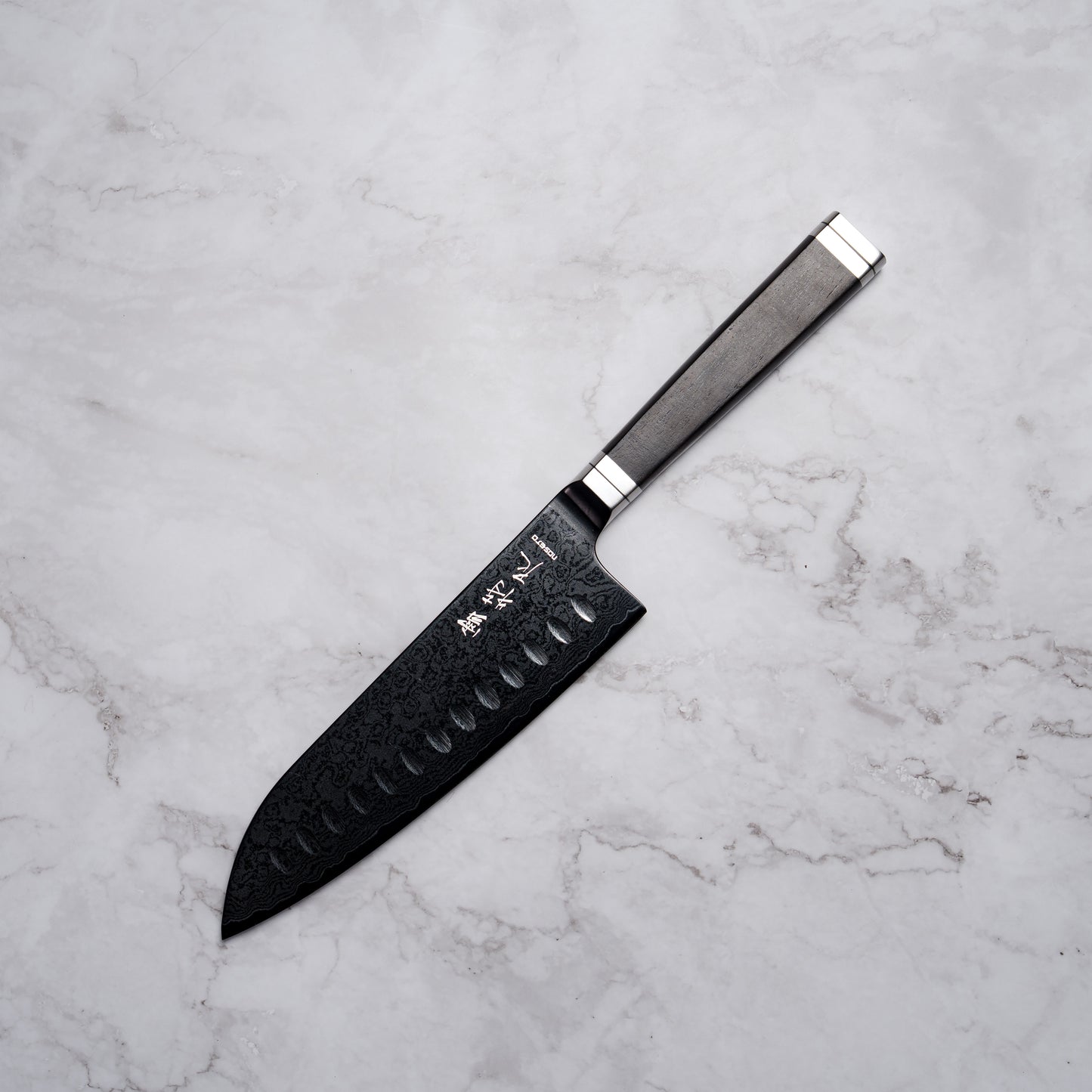 Noseto Buto Santoku 180mm Aus-8 Black Titanium Damascus Ebony Handle