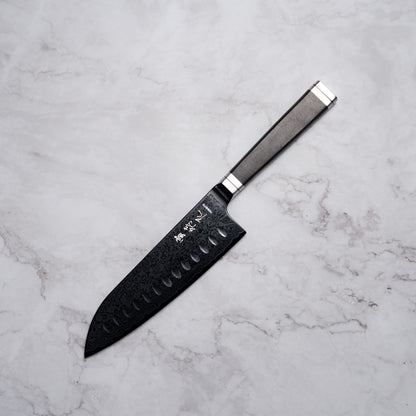 Noseto Buto Santoku 180mm Aus-8 Black Titanium Damascus Ebony Handle