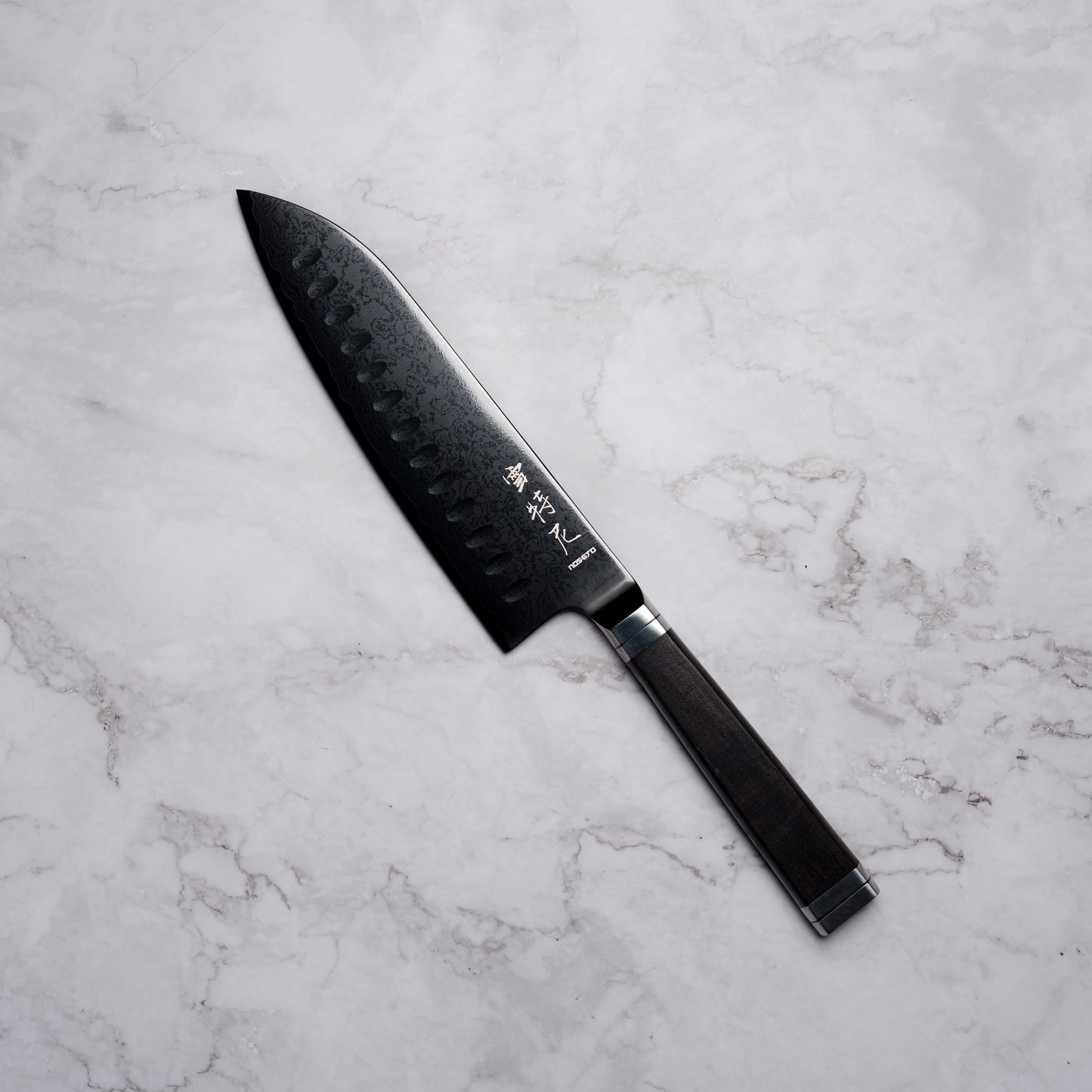 Noseto Buto Santoku 180mm Aus-8 Black Titanium Damascus Ebony Handle