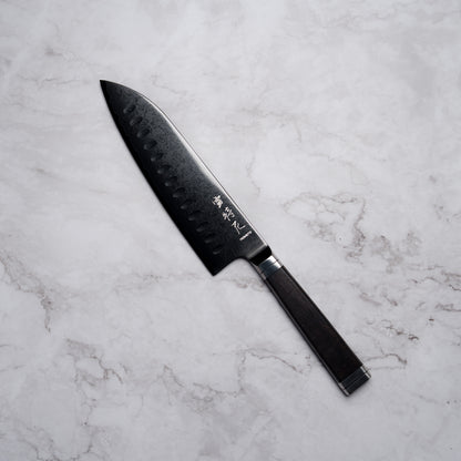 Noseto Buto Santoku 180mm Aus-8 Black Titanium Damascus Ebony Handle