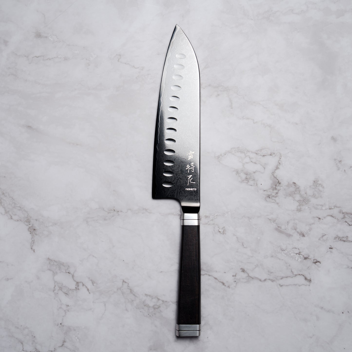 Noseto Buto Santoku 180mm Aus-8 Black Titanium Damascus Ebony Handle