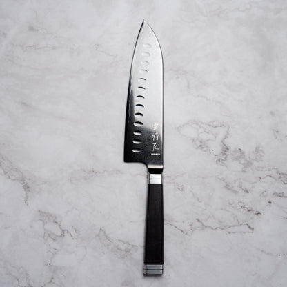 Noseto Buto Santoku 180mm Aus-8 Black Titanium Damascus Ebony Handle