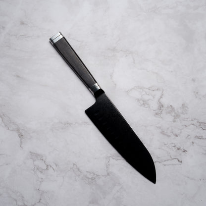 Noseto Buto Santoku 180mm Aus-8 Black Titanium Damascus Ebony Handle