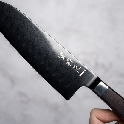 Noseto Buto Santoku 180mm Aus-8 Black Titanium Damascus Ebony Handle