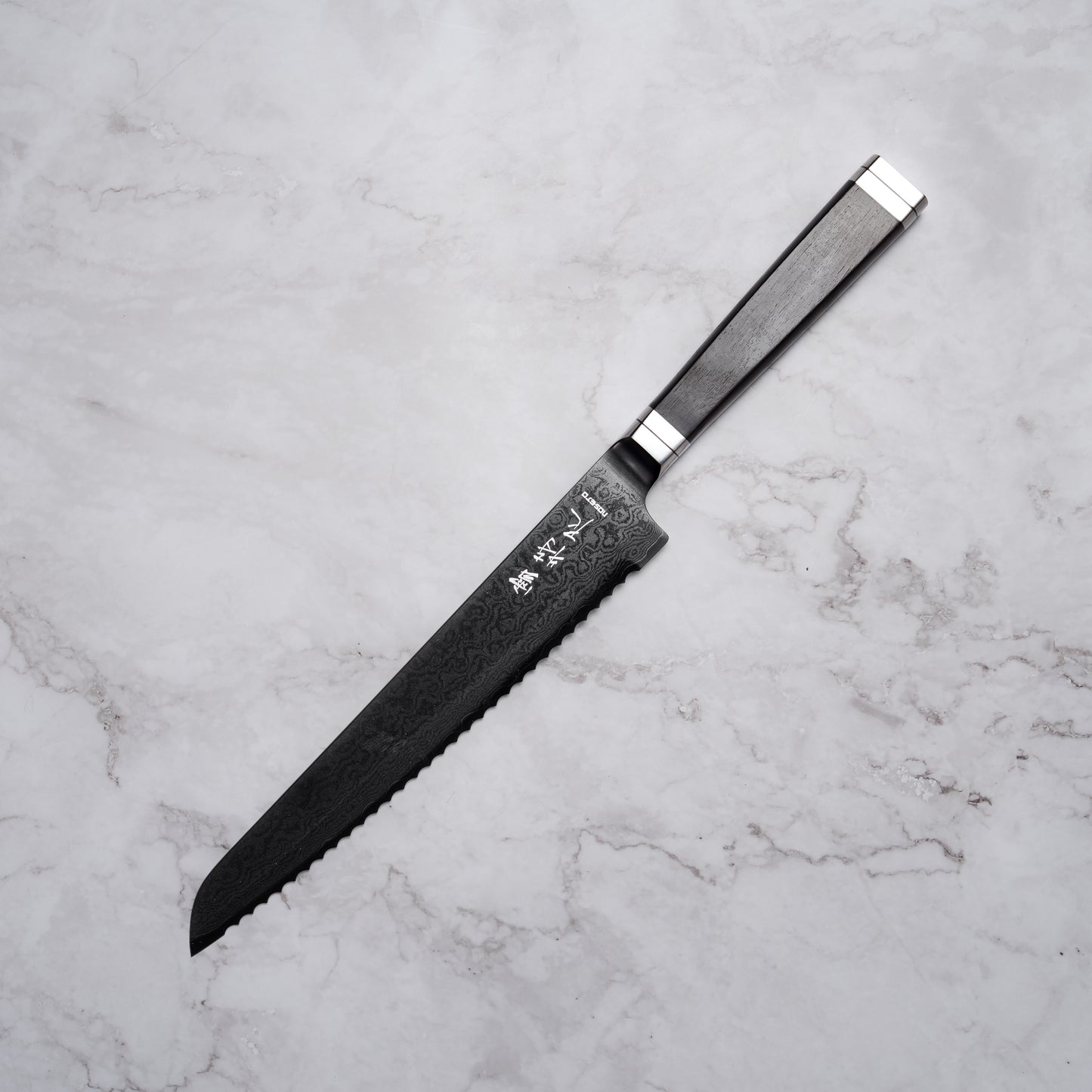 Noseto Buto Bread Knife 210mm Aus-8 Black Titanium Damascus Ebony Handle