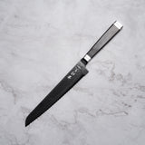 Noseto Buto Bread Knife 210mm Aus-8 Black Titanium Damascus Ebony Handle