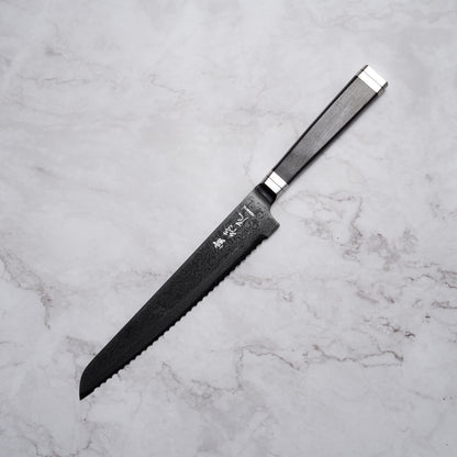 Noseto Buto Bread Knife 210mm Aus-8 Black Titanium Damascus Ebony Handle