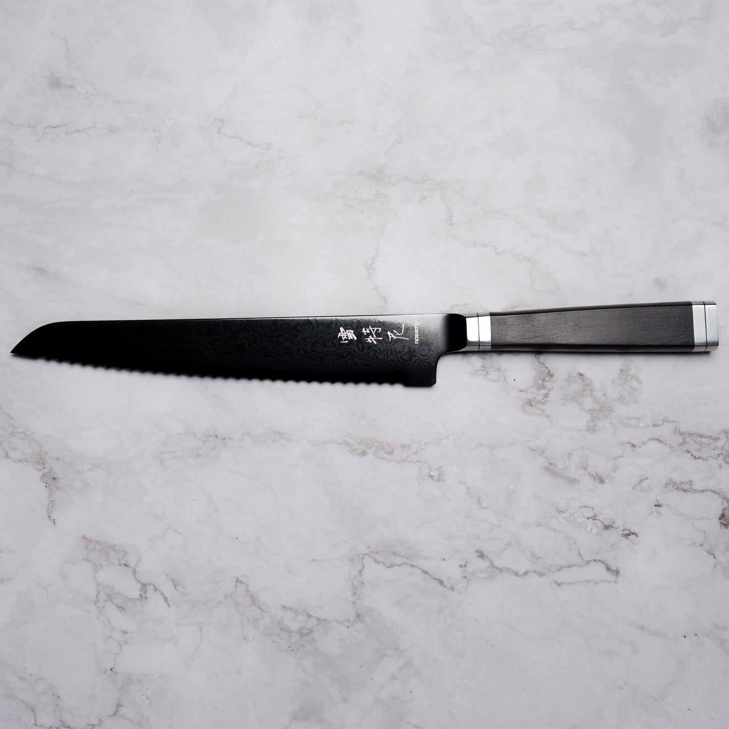 Noseto Buto Bread Knife 210mm Aus-8 Black Titanium Damascus Ebony Handle