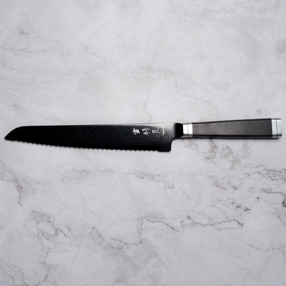 Noseto Buto Bread Knife 210mm Aus-8 Black Titanium Damascus Ebony Handle
