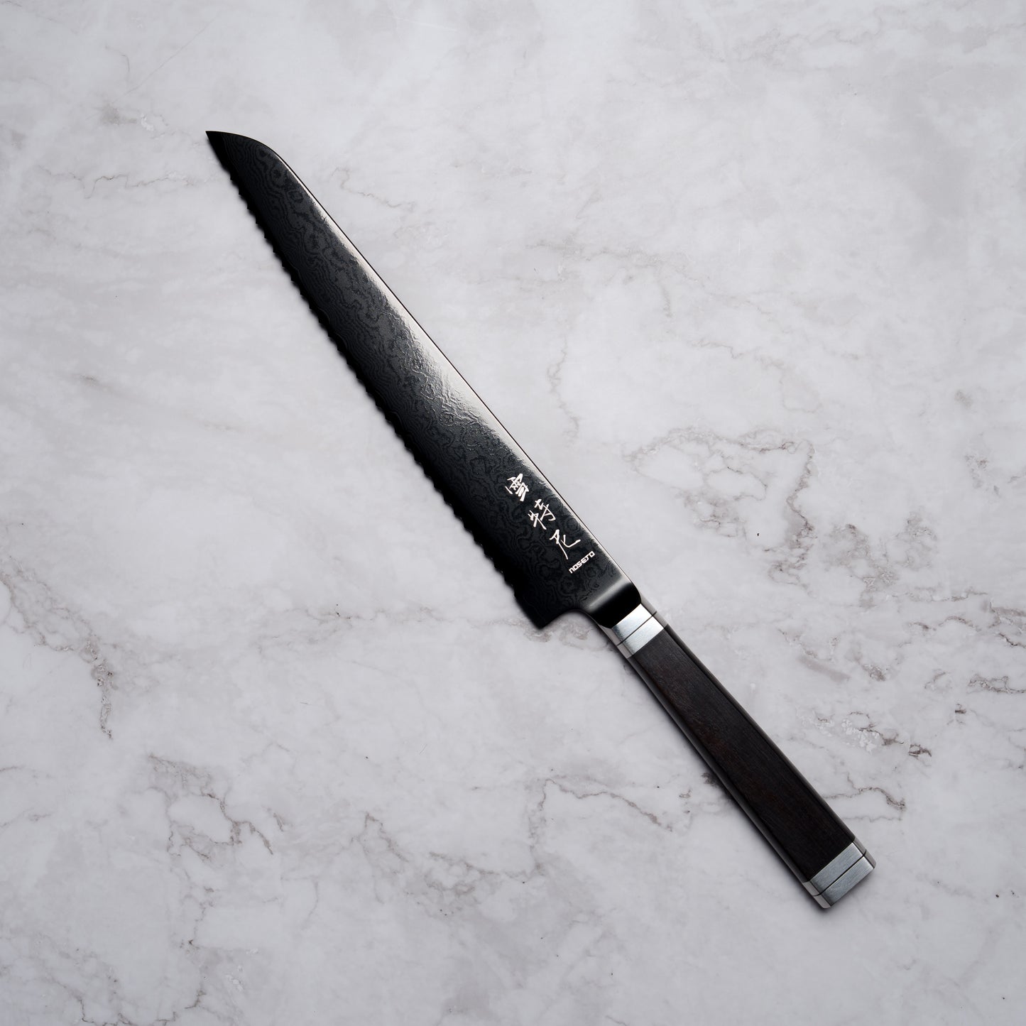 Noseto Buto Bread Knife 210mm Aus-8 Black Titanium Damascus Ebony Handle