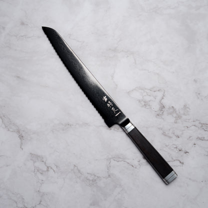 Noseto Buto Bread Knife 210mm Aus-8 Black Titanium Damascus Ebony Handle