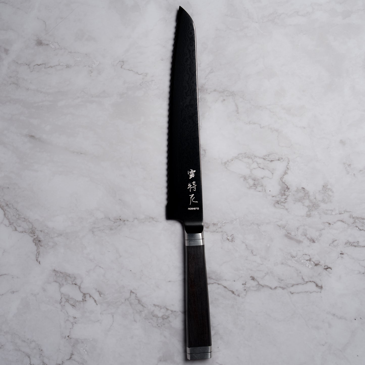 Noseto Buto Bread Knife 210mm Aus-8 Black Titanium Damascus Ebony Handle