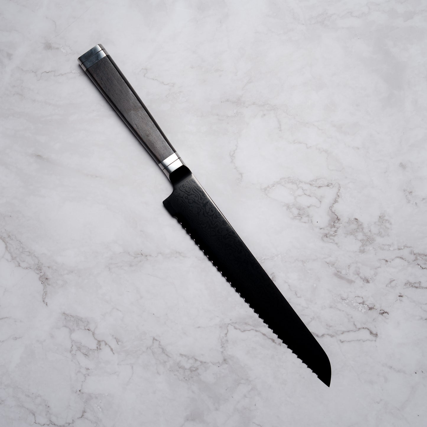Noseto Buto Bread Knife 210mm Aus-8 Black Titanium Damascus Ebony Handle