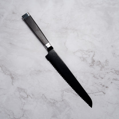 Noseto Buto Bread Knife 210mm Aus-8 Black Titanium Damascus Ebony Handle