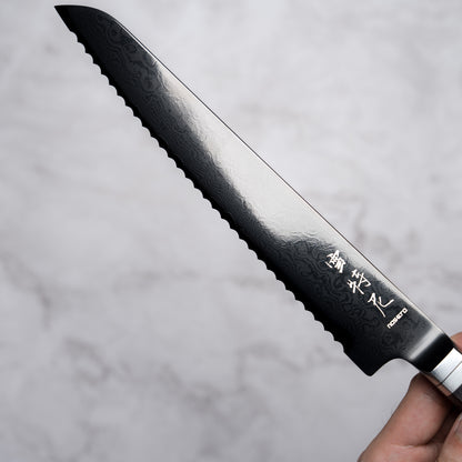 Noseto Buto Bread Knife 210mm Aus-8 Black Titanium Damascus Ebony Handle